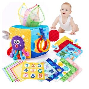 hahaland Baby Tissue Box with textured tails, crinkle tissues, squeaky, mirror